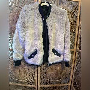 Vici Cream Faux Fur Bomber Jacket with Black faux Leather Trim